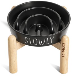 Ceramic Elevated Dog Bowl, 0.6 Cups Raised Dog Dish with Wooden Stand for Small Breeds, Slow Feeder to Prevent Bloat, Black