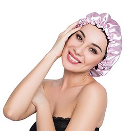Stain Bonnet Silk Sleep Cap Adjustable Satin Cap for Night Sleeping Hair Bonnet Reversible Double Layer Light Purple/Black