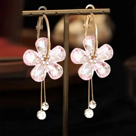 Unique Lightweight Bohemian 18k Gold Acrylic Crystal Flower Dangle Drop Earrings Handmade Charm Chic Cute Flowers Leaf Hoop Earrings for Women Vacation Wedding (Light Pink 5)