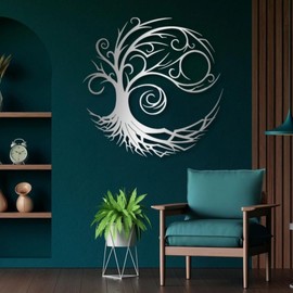 Metal Tree of Life Wall Decor, Tree of Life Metal Wall Art, Circle of Life Metal Tree Wall Art, Metal Tree Wall Art, Spiritual Tree, Modern Sculpture Decoration, Living Room Bedroom Decor (Sliver, 18"x 18"| 47x47cm)