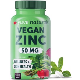 Yuve Naturals Vegan Zinc 50 mg - Zinc Gluconate for Wellness and Skin Support - Gluten Free, Non GMO, Plant Based - 100 Easy to Swallow Tablets