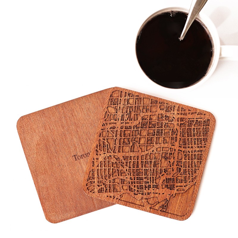 Toronto Map Coaster, Set of 4, Sapele Wooden Coaster with