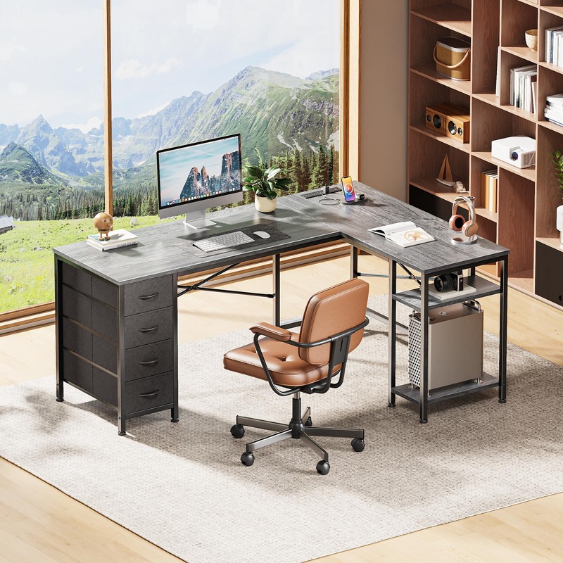 Huuger 55 Inch L Shaped Desk with Drawers, Reversible Computer