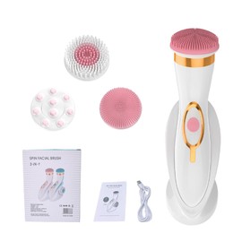 Electric Face Scrubber, 3 in 1 Facial Cleansing Brush with 3 Brush Heads and Magnetic Charging Base, 2-Speed Rotation, Electric Face Wash Brushes for Oily Dry Sensitive Skin (Pink)