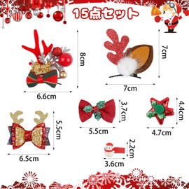 FINGOOO Christmas Hair Access, 15-piece Set, Reindeer, Hairpins, Hair Accessories, Hair Ornament, Hair Elastic, Hair Clip, Cosplay, Costume, For Children and Adults, Cute, For Ages 6 and Up (Christmas