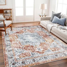 CHAMPLANT Area Rug 8x10 Washable Rug Tangerine Vintage Rug Traditional Mat Distressed Indoor Foldable Thin Rug Retro Accent Rug Floral Print Rug Non Slip Carpet Living Room Dining Room Office