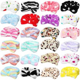 24 Pcs Spa Headband Bulk, Makeup Headbands Bow Hair Head Band Fluffy Plush Facial Shower Spa Elastic Headband for Women Cosmetic Washing Face Spa Shower Cleansing, 24 Styles