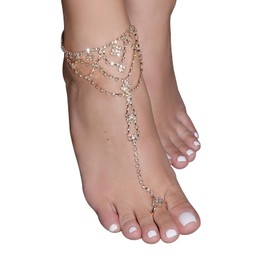 1Pair Summer Beach Water Drop Anklet Rhinestone Toe Ring Foot Chain Bridal Crystal Barefoot Anklet Sandal High Heels Accessories for Women (Silver)