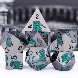 OGCOPHEN Metal DND Cat Dice 7PCS Polyhedral RPG Dice Set with Gift Case for Dungeons Dragons Role Playing Game, D and D Dice D6 D8 D10 D12 D20 D% (Grey Green)