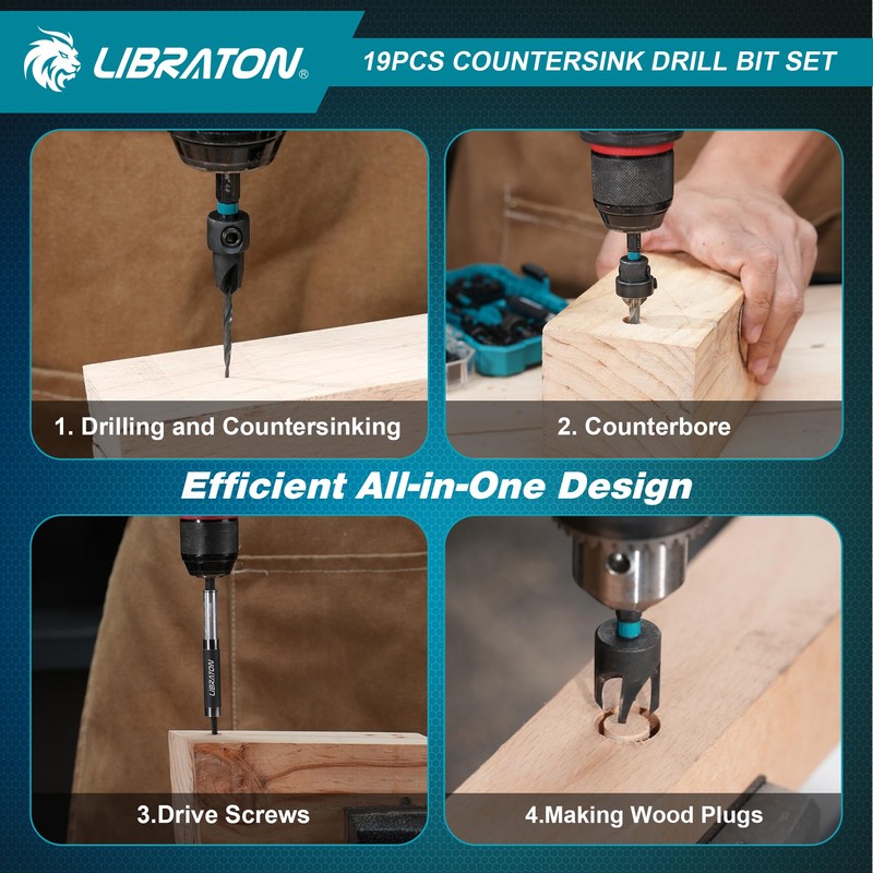 Libraton Countersink Drill Bit Set, 19 PCS Tapered Drill Bits
