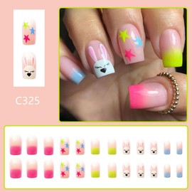 Easter Press on Nails Medium Length Fake Nails with Shy Rabbit Stars Designs Acrylic Nails Full Cover Green Blue Pink Gradient False Nails Glossy Nude Glue on Nails for Women Girls Manicure Kit