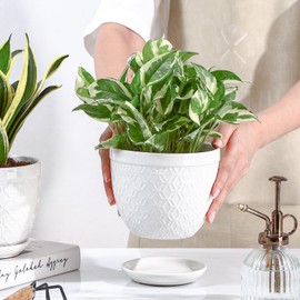 Sureasy Ceramic Plant Pot for Indoor - 5.6 Inch Flower Pots for Plants with Drainage Hole and Saucer, Embossed Planter for Succulents, Orchid, Cactus, Indoor Home Decor, Set of 4, White