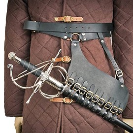 Medieval Gears Brand Medieval Genuine Black Leather Belt Rapier Sword Frog with Steel Hoop Buckle
