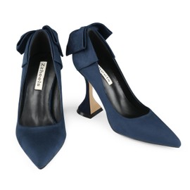 Zzheels Women's Bow High Heels Closed Toe Heels with Bow Chunky Heels Bridal Wedding Shoes Blue Suede US6