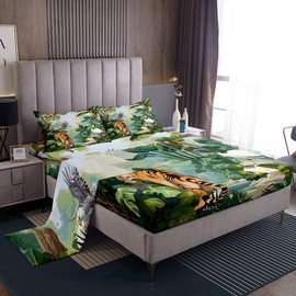 Castle Fairy Tiger Animal Bed Sheets Set with Pillowcase,Green Palm Leaves Jungle Bed Sheet for Boys Girls Teens,Rainforest Eagle Wildlife Top Flat Sheet Luxury Microfiber Bed Cover,Queen Size