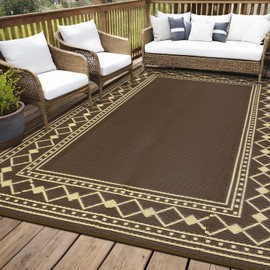 9x12 Outdoor Area Rug, Waterproof Plastic Straw Carpet, Modern Border Reversible Mat and Rug, Indoor Outdoor Washable Throw Carpet, Patio, Backyard, Deck, Picnic, Beach, Brown