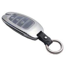 Key Fob Cover Case Fit for Hyundai Sonata Santa Fe Tucson Keyless Entry Remote Case Holder Zinc Alloy Key Protector Carbon Fiber Pattern (Silver)