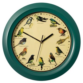 Clockswise 12" Round Decorative Singing Bird Wall Clock Battery-Operated with Wild Nature Sounds Hourly Chime and Non-Ticking for Home Office Kitchen Dining Bedroom Classroom and Living Spaces, Green