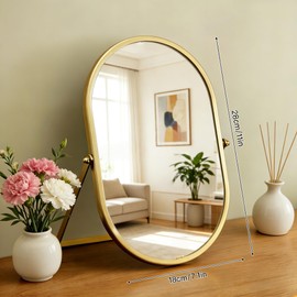 Gold Oval Vanity Mirror, 360° Rotation 180° Tilt Adjustable Desktop Makeup Mirror with Metal Frame, Decorative Standing Mirror for Bedroom, Bathroom, Living Room