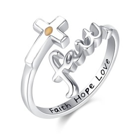 Midir&Etain Faith Mustard Seed Cross Ring S925 Sterling Silver Open Adjustable Rings Cross Ring for Women Religion Christian Ring Jewelry Gifts