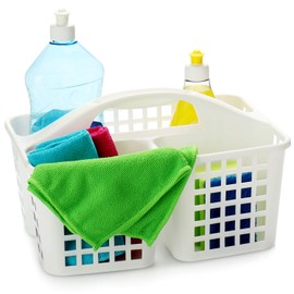 com-four® 2 x Storage Basket, Shower Basket with Handle, Portable Plastic Organiser with 3 Compartments Each for Hygiene Items, Cleaning & Cleaning Products (02 Pieces - 31 x 23 cm, White)