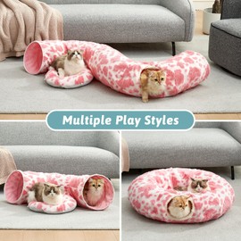 Cozy Kiss Cat Tunnel Bed for Indoor Cats - Cute Cat Donut Tunnel with Washable Circle Cushion, Round Pet Play Tunnel Toy for Kitten/Puppy/Rabbit,Pink&White
