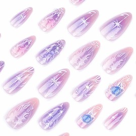 RikView Almond Press on Nails Medium Fake Nails with 3D Design Purple Nails Glossy Full Cover Nails for Women 24 PCs/Set