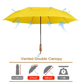 Lejorain Large Folding Umbrella Windproof - Auto Open Close Folding Umbrellas Windproof Heavy Sturdy with Wooden Handle for Women Men
