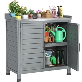 YITAHOME Outdoor Garden Potting Bench with Storage Cabinet, Planting Work Bench w/Metal Tabletop and Removable Shelf, Wood Workstation for Outdoor, Garden, Patio (Gray)