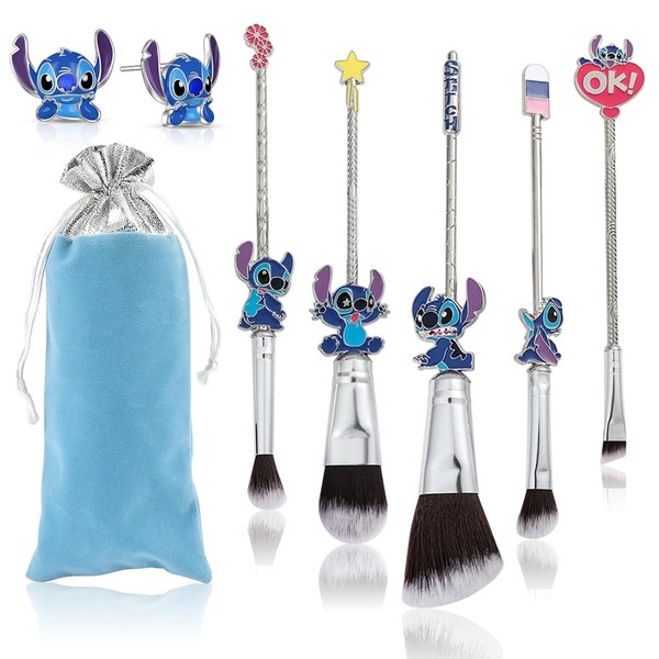 Stitch Make Up Brushes for Girls Women Gifts Stitch Earrings for Girls Makeup Brushes Sets Blue Kids Make Up Brush Set Cartoon Stud Earrings Ladies Make Up Bag Teenage Girls Gifts Christmas Cute