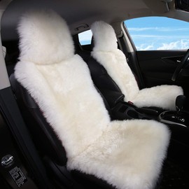OGLAND Fluffy Sheepskin Car Seat Cover, Plush Shaggy Furlong Wool Car Seat Cushion for Universal Size Adult Man Women, 1 Piece Seat, Ivory White