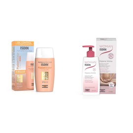 ISDIN Fotoprotector Fusion Water COLOR SPF 50, Protector Solar Facial de fase acuosa con color para uso diario, 50ml + Woman Higiene Intima, Gel de baño higiene íntima de uso diario,200ml