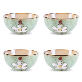 WHITEPEONY 28oz Ceramic Bowls Set of 4 for Kitchen, 6 Inch Hand-painted Floral Serving Bowls, Dishwasher Microwave Oven Safe, for Salad, Pasta, Ramen, Rice & Dessert, Breakfast Lunch Dinner, Green