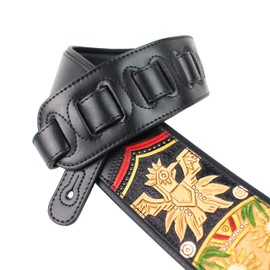 Walker And Williams KB-50-TN Handmade Heritage Series Black And Tan Guitar Strap With Multicolor Mayan Design On Tan Carved Leather