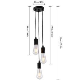 HJXDtech 3 Way Ceiling Pendant Cluster Light Fitting Lights E27 Socket Hanging Light Industrial Ceiling Lights (Black)