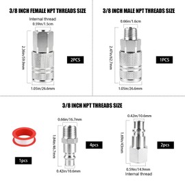 3/8 Inch High Flow Air Hose Fittings Set Includes 3 Pcs Industrial Air Coupler and 6 Pcs 3/8 Body Air Plug with 3/8 Inch NPT Threads,10 Pcs Air Compressor Accessories Quick Connect Kit