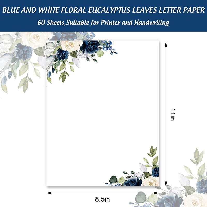 60 Sheets Floral Stationery Letterhead Paper White Blue Flower Letter