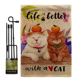 Better With Cats Burlap Burlap Garden Flag Set Stand Animals Cat Kitten Meow Spoiled Paw Fur Pet Nature Farm Animal Creature Small Decorative Gift Yard House Banner Double-Sided Made In USA 13 X 18.5