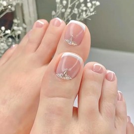 Viugex 24Pcs White French Tip False Toe Nails, Short Square Press on Toe Nails with Rhinestones, Glossy Reusable Artificial Fake Toenails, Summer Acrylic Full Cover Stick on Toenails for Women Girls