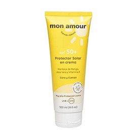 Mon Amour Protector Solar De Alta Protección SPF 50+ En Crema Para Cuerpo y Cara Con Activos Naturales de Manteca de Mango y Aloe Vera Para Pieles Delicadas De Bebés, Niños y Toda La Familia Desde Recién Nacidos 120 ML