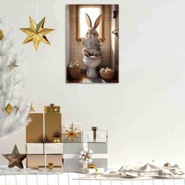 FOTRIC Easter Bunny In Toilet Print Easter Bathroom Wall Art Easter Pictures Wall Decor Funny Bathroom Print Spring Print Easter Wall Decoration Living Room Bedroom Decor Wooden Frame 8x12 inch