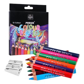 PABLUE Triangular Jumbo Color Pencils, Short Fat Pre-Sharped Colored Pencils with Pencil Sharpener and Eraser,Gift for Student Drawing and Doodling（12 Colors）