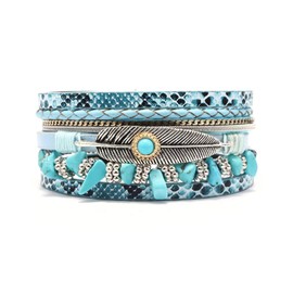 KunBead Blue Multilayer Leather Wrap Bracelet for Women Sparkling Colorful Feather Charm Braided Wristbands Bracelets