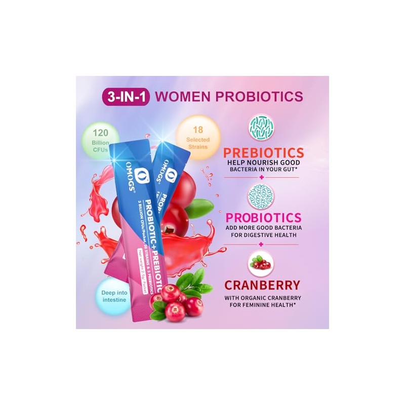 OMOGS Women's Probiotic Powder with Cranberry Extract - Digestive &