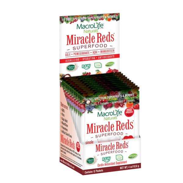 MacroLife Naturals Miracle Reds Superfood Supplement Powder Antioxidants Polyphenols Enzymes Probiotics - Raw Non-GMO Organic Vegan Gluten & Dairy Free - 12 Packet Servings