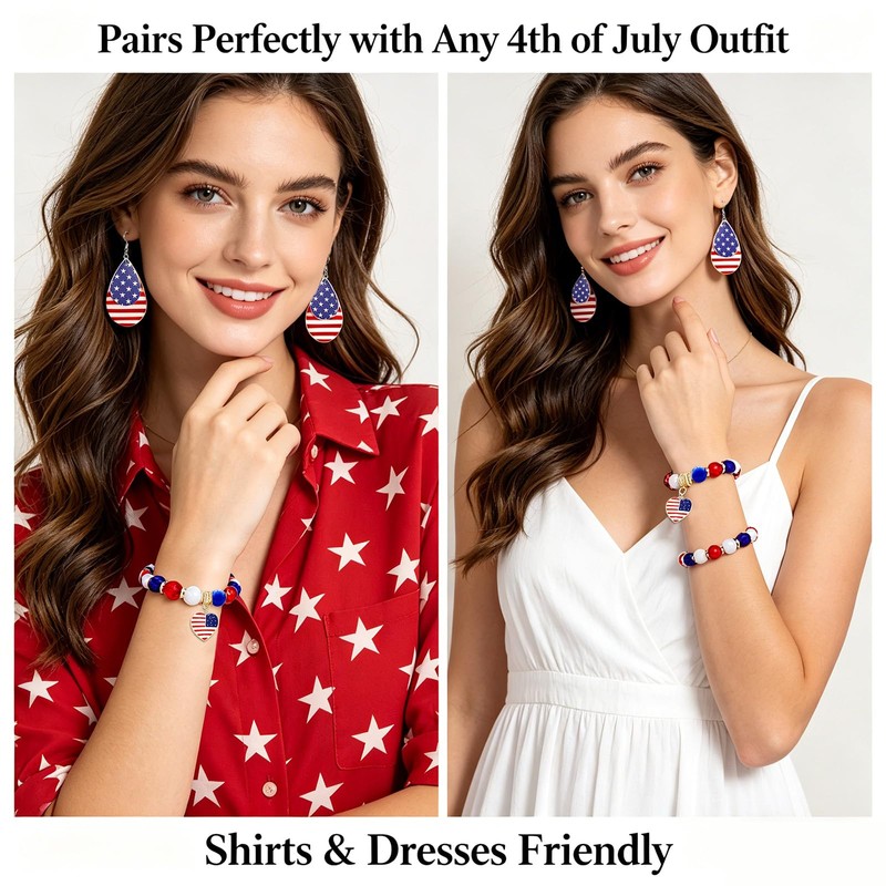 Patriotic 4th of July Flag Earrings Bracelet Set for Women