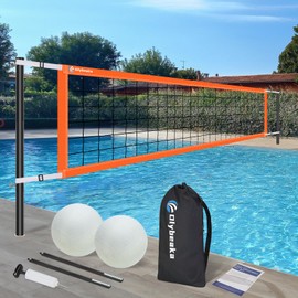 Base Free Swimming Pool Volleyball Net Set for Above Ground/Inground Pools with 3-Height Adjustable Aluminium Poles, Durable Anti-Sagging Net, 2 Water Volleyballs and Carry Bag (Orange)
