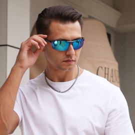 DUCO DC8277 Men's Polarised Sunglasses with Metal Frame and Carbon Fibre Glasses Legs UV400 CAT 3, Blue Frame Grey Temple Revo Blue Lens