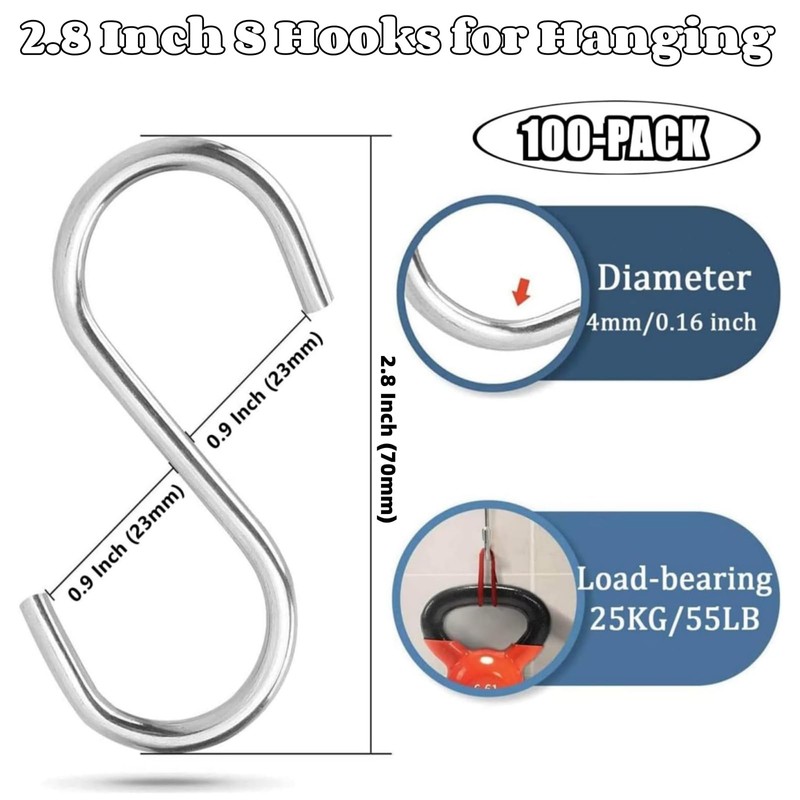 RHBLME 100 Pack S Hooks - 2.8 Inch Small Heavy