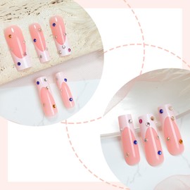 Pink Long Press on Nails Square Fake Nails with Colorful Rhinestone White French Tip Pattern Design Full Cover False Nails Acrylic Glossy Press Ons Nails Artificial Glue on Nails for Women 24 Pcs